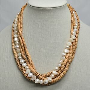 Vintage Multi strand wood & pearl beaded necklace coastal beach summer vacation